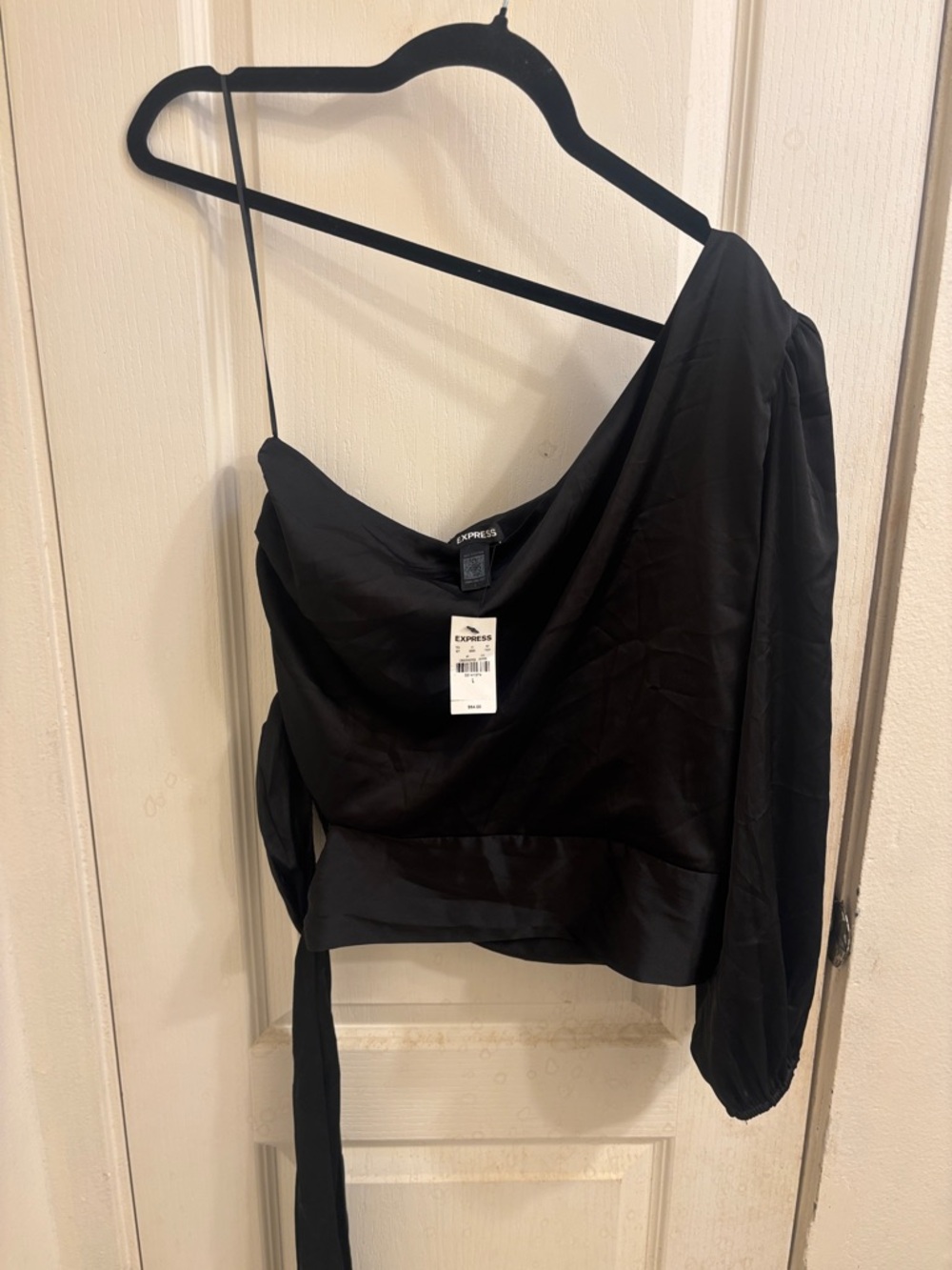 Express Asymmetric One-Shoulder Black Satin Top
